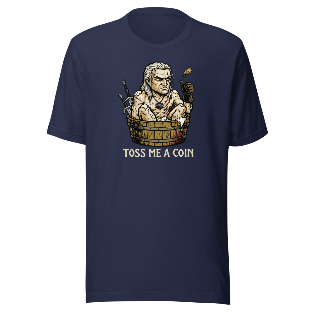 Grumpy Monster Hunter Bathtub Coin Toss Woodcut Tee — navy front view
