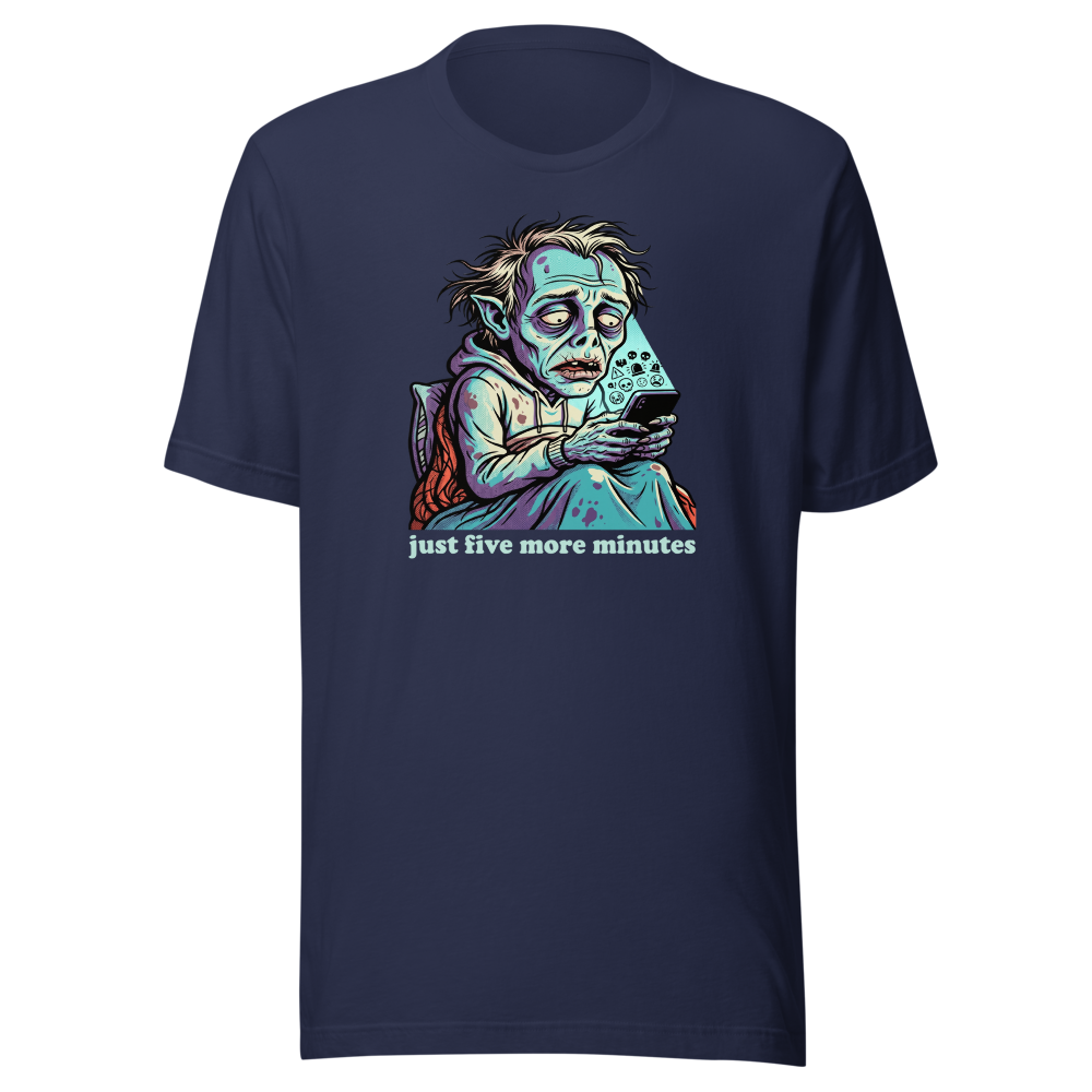 3AM Phone Gremlin Doomscroll Halftone Tee — navy front view