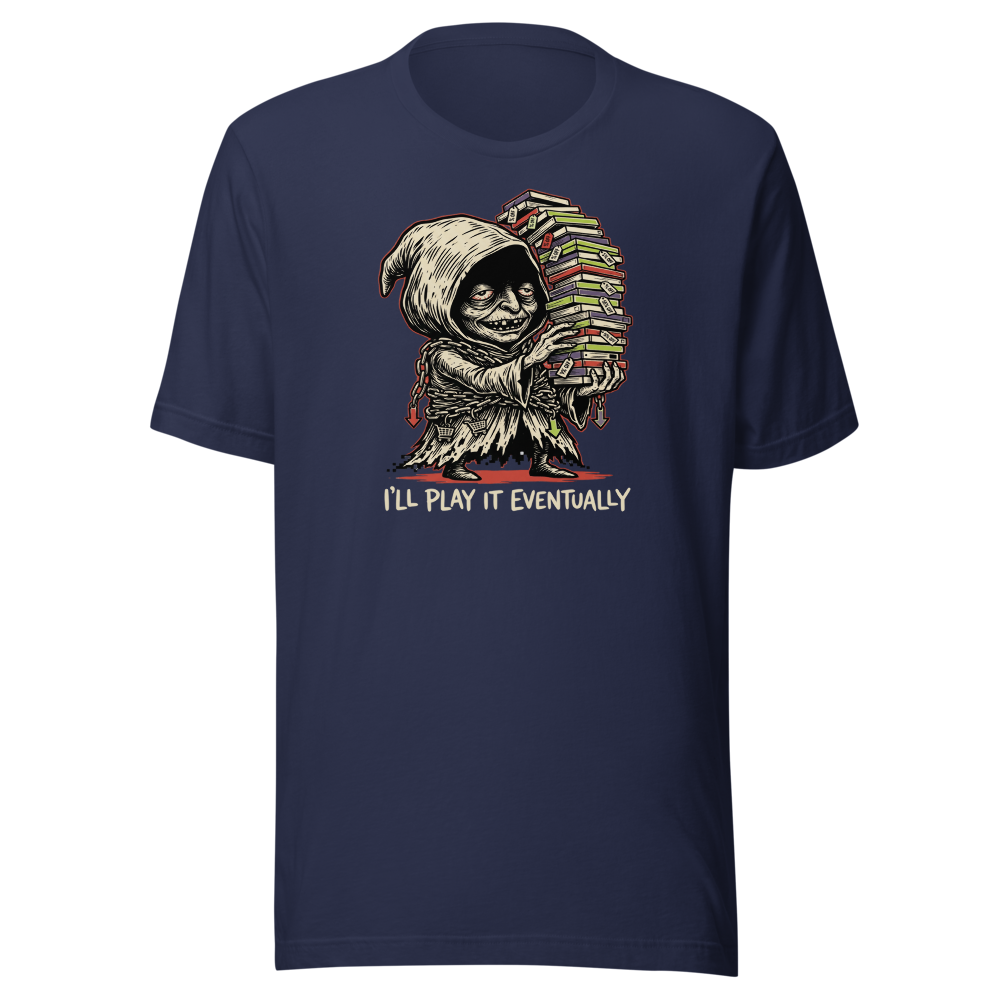 Eternal Sale Backlog Gremlin Linocut Gamer Tee — navy front view