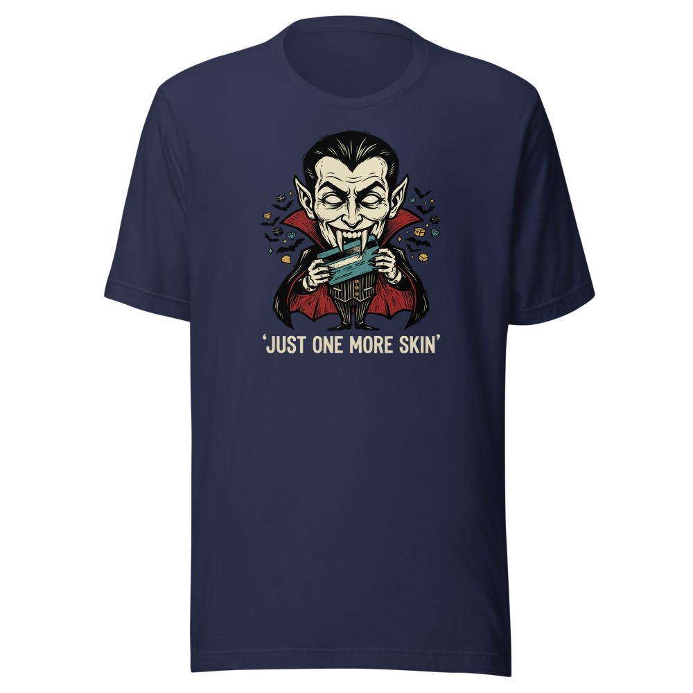 Microtransaction Vampire Woodcut Gaming Meme Tee — navy front view