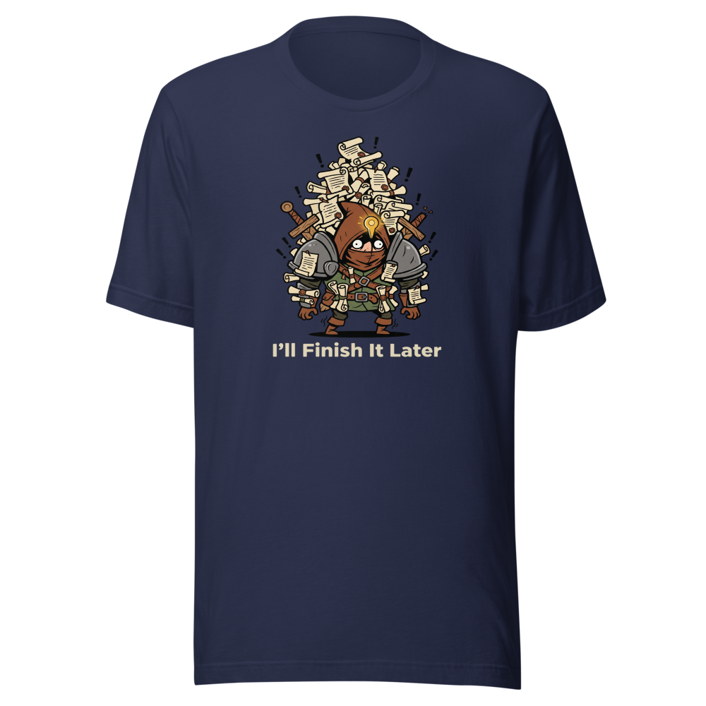 Side Quest Hoarder Retro RPG Gamer Tee — navy front view