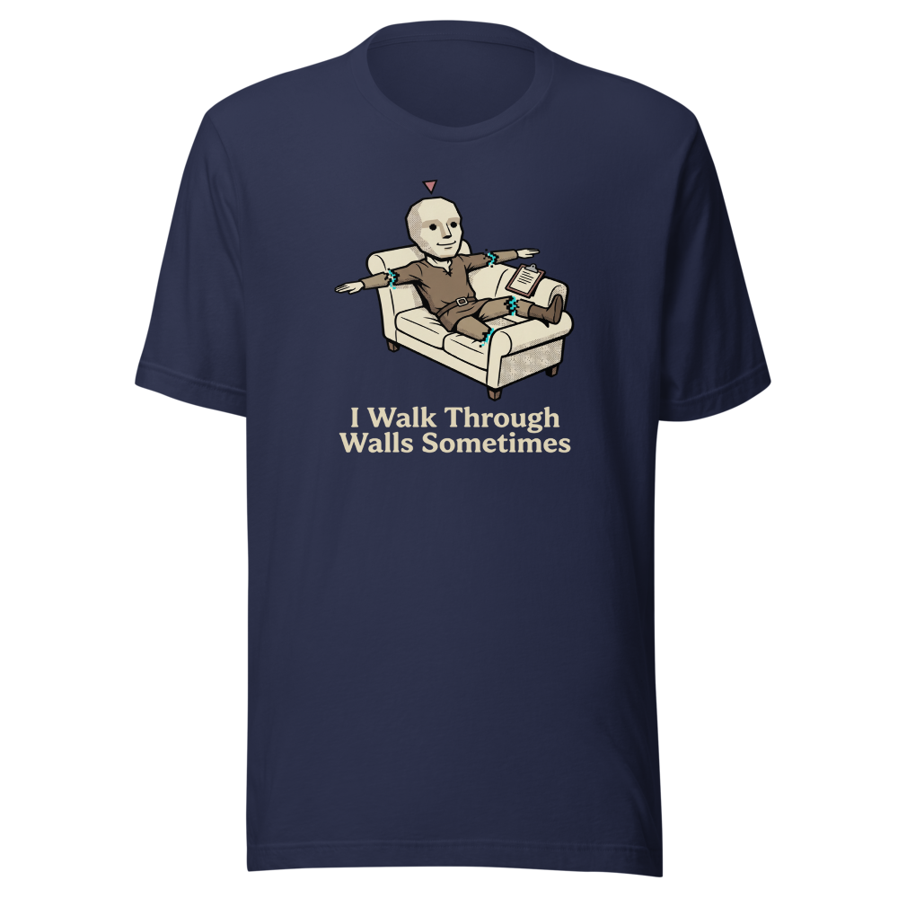 Glitched NPC Therapy Couch Wall-Walk Gamer Tee — navy front view