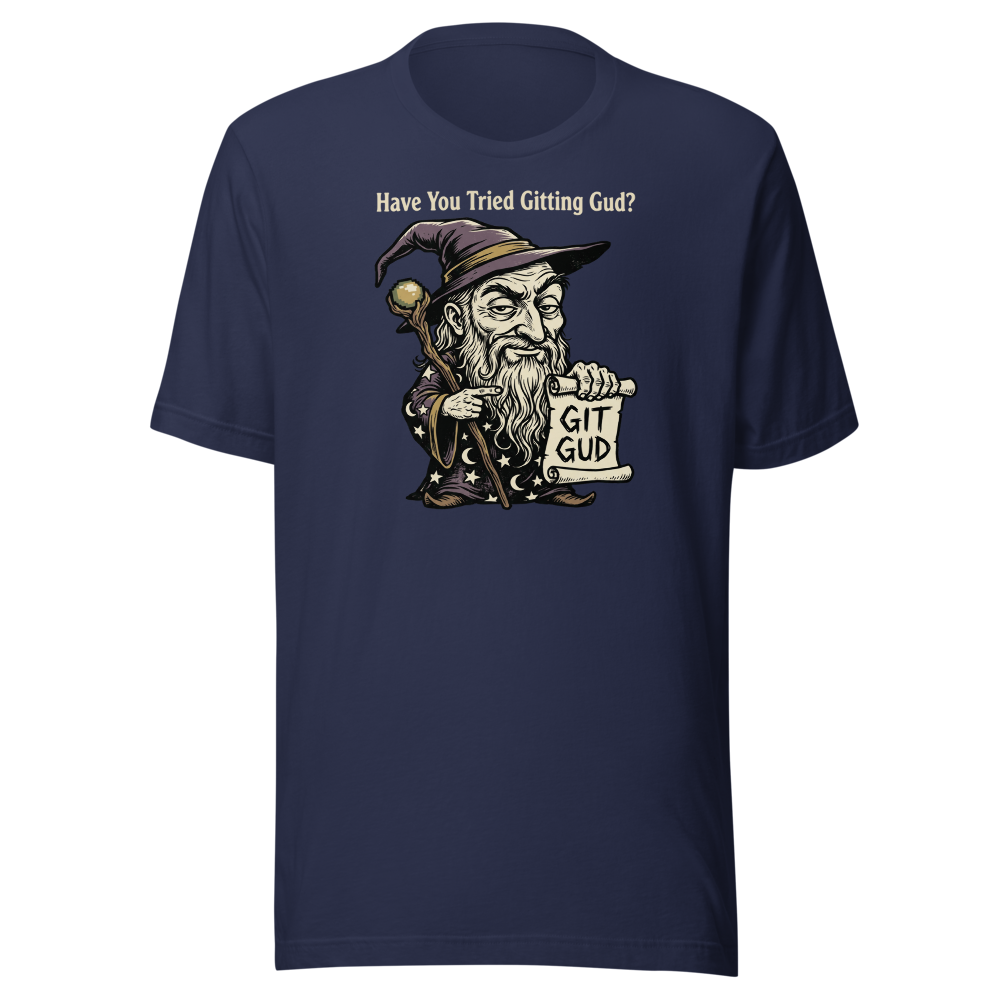 Git Gud Wizard Mentor Woodcut Gamer Meme Tee — navy front view