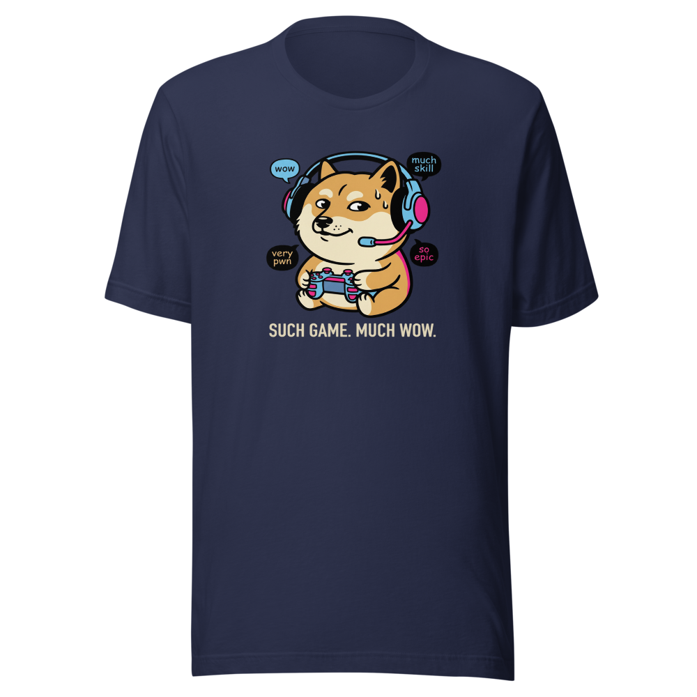 Sweaty Shiba Streamer Such Wow Gaming Meme Tee — navy front view