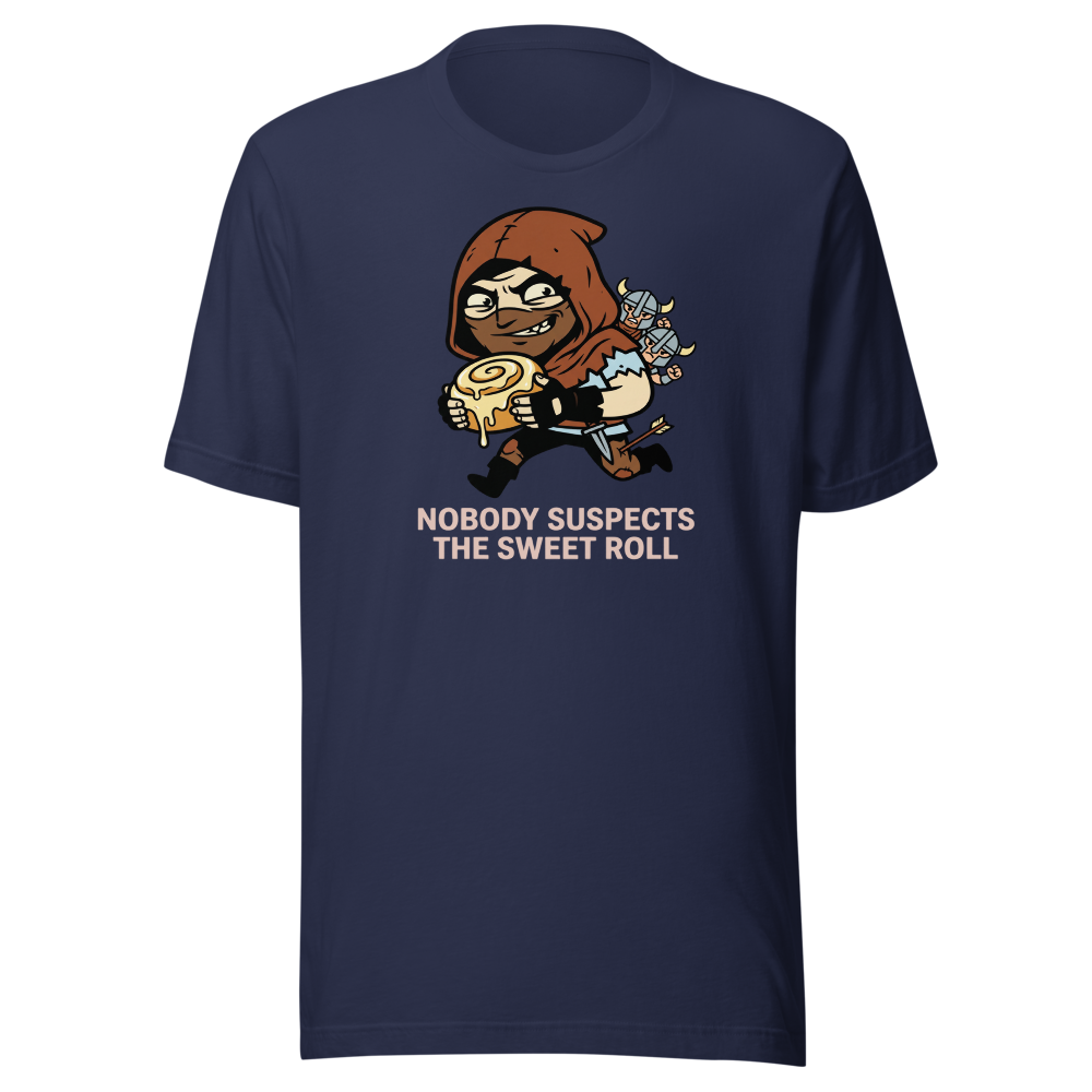 Nobody Suspects The Sweet Roll Retro RPG Thief Tee — navy front view
