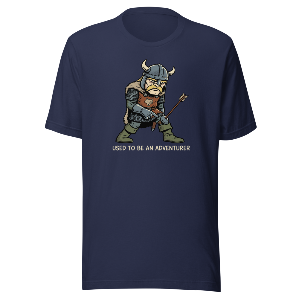 Retired Adventurer City Guard Comic Ink Tee — navy front view