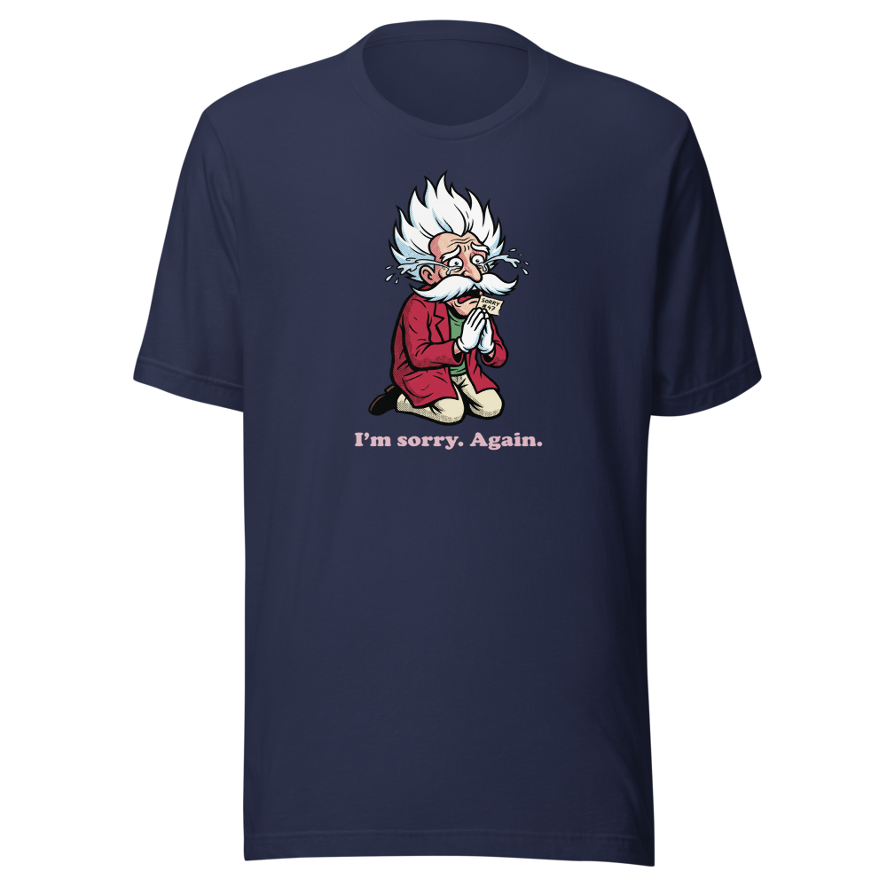 Mad Scientist Sorry Again Retro Boss Parody Tee — navy front view