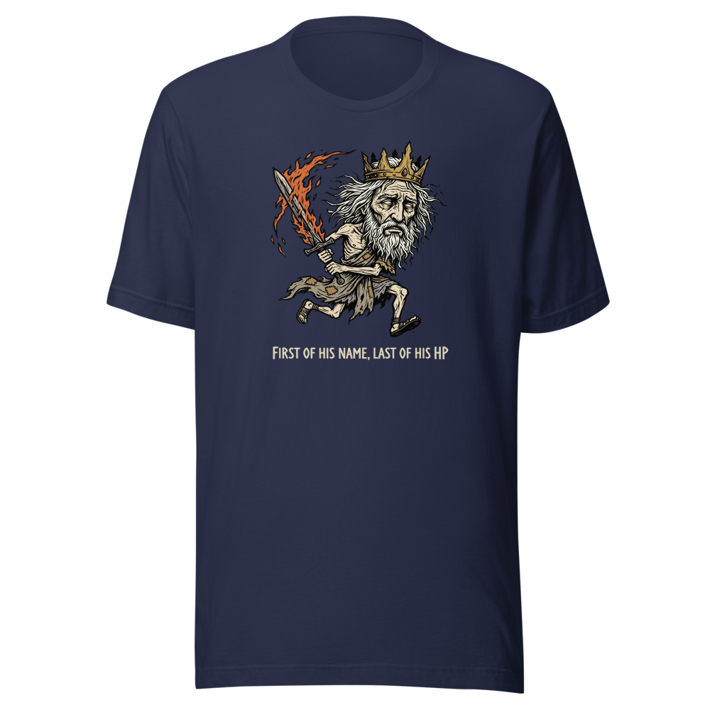 First Of His Name Last Of His HP Boss Tee — navy front view