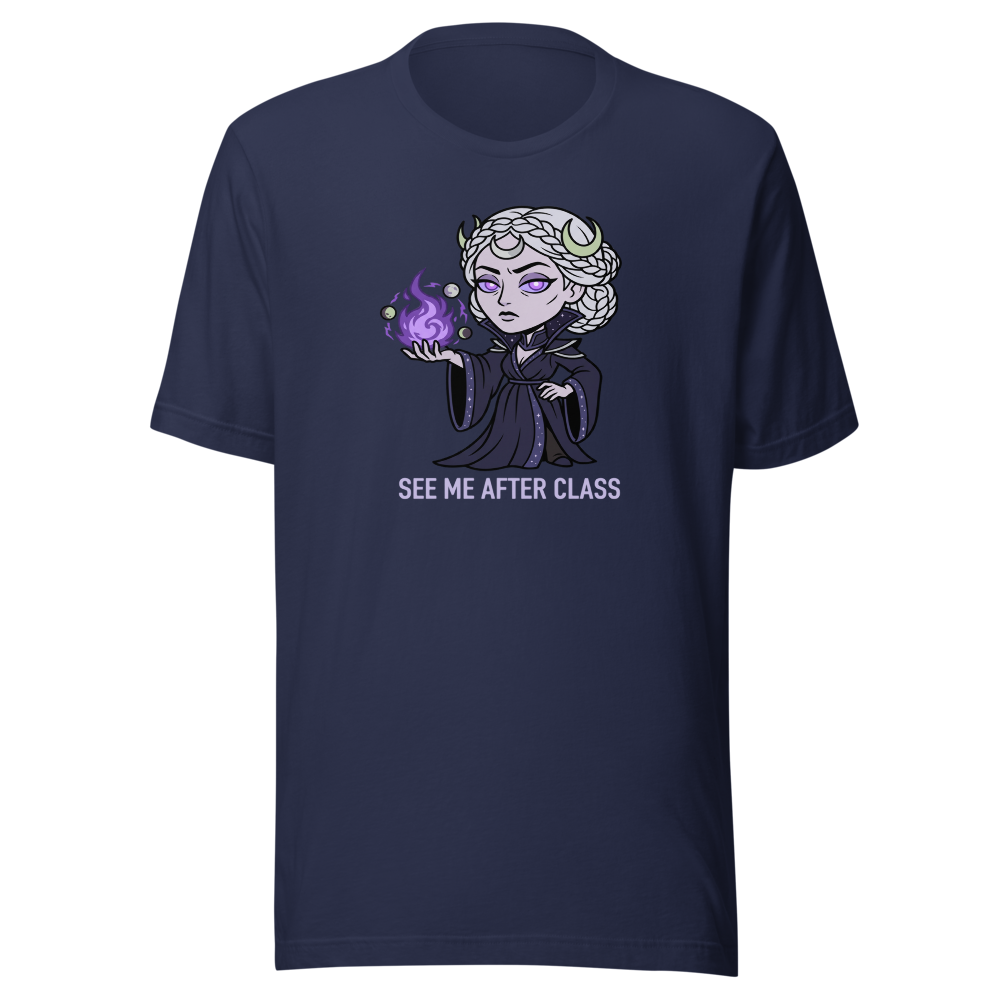 Witch Instructor See Me After Class Spell Tee — navy front view