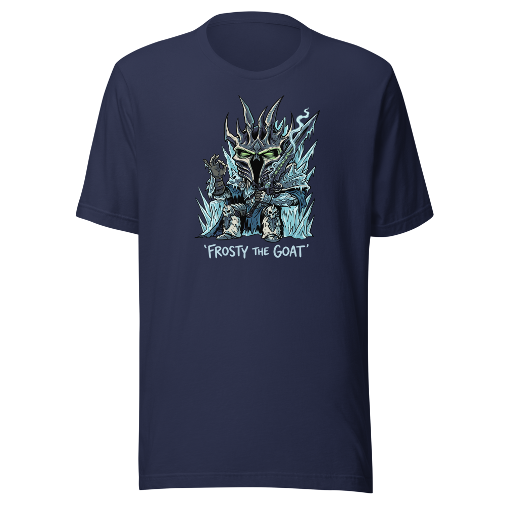 Frosty The Goat Frozen Throne Tea Time Tee — navy front view