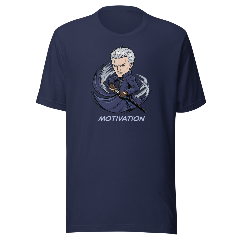 Stoic Swordsman Judgement Slash Motivation Tee — navy front view