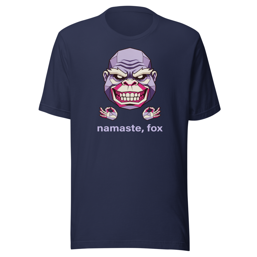 Namaste Fox Meditating Ape Boss Low Poly Tee — navy front view
