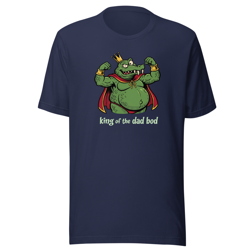 King of the Dad Bod Crocodile Pirate Comic Tee — navy front view