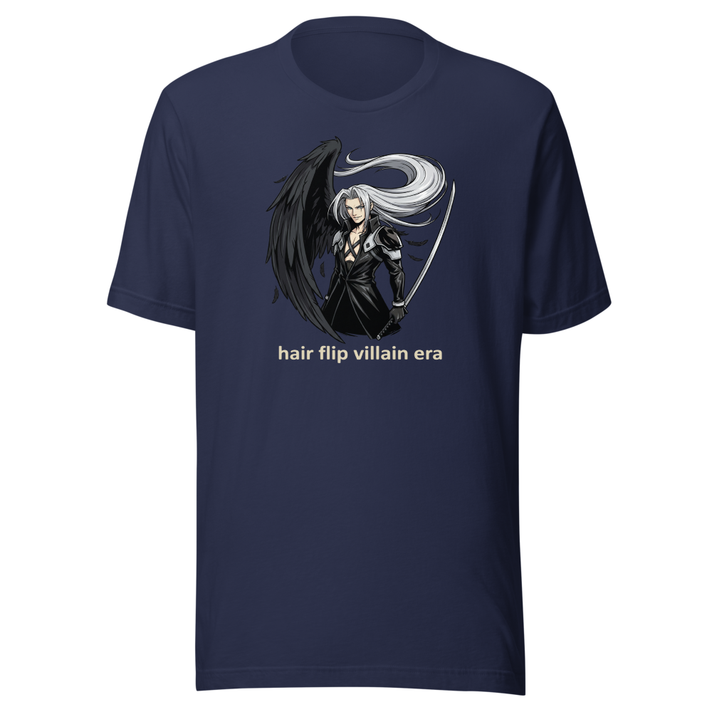 Hair Flip Villain Era Anime Swordsman Tee — navy front view