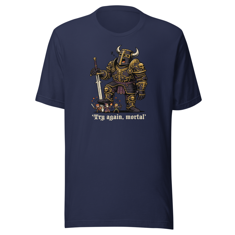 Try Again Mortal Optional Superboss RPG Tee — navy front view