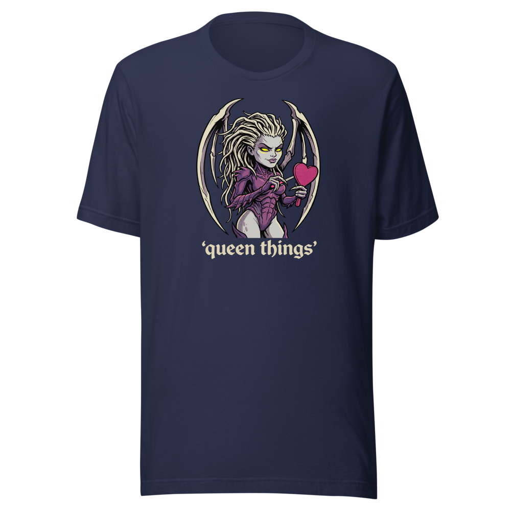 Queen Things Bone-Blade Vanity Boss Comic Ink Tee — navy front view