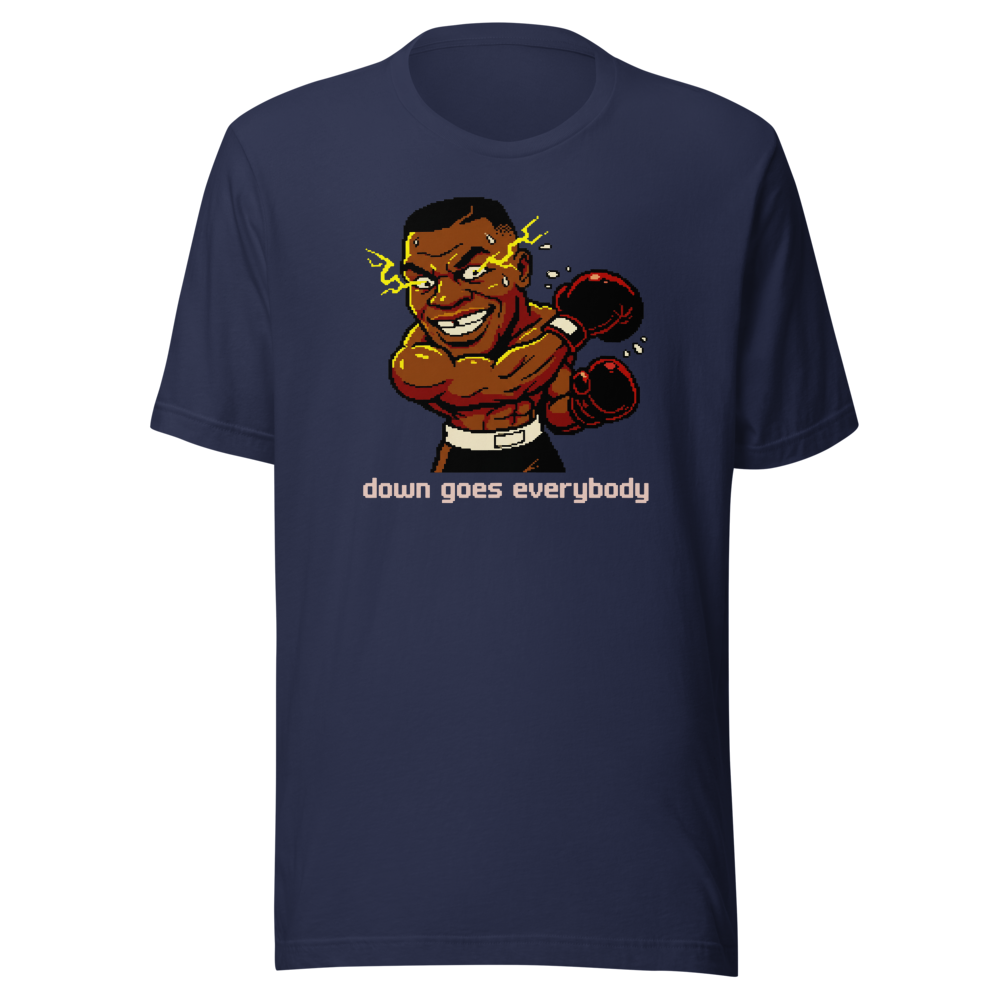 16-Bit Pixel Boxer Down Goes Everybody Retro Tee — navy front view