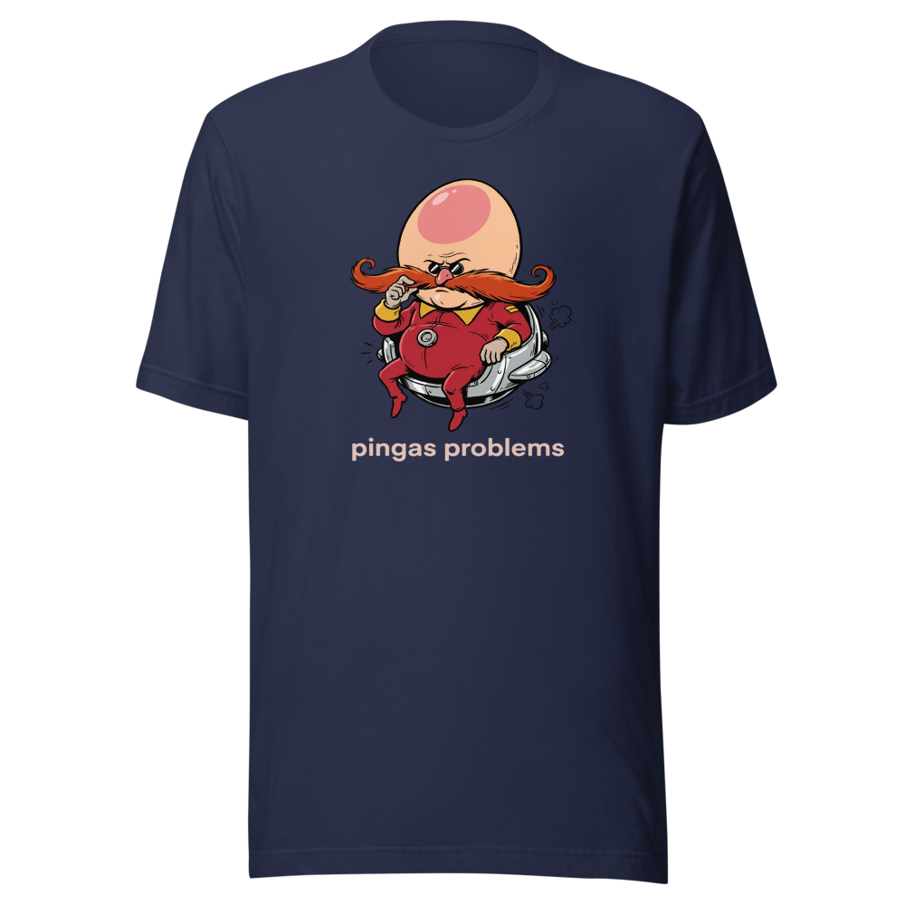 Egg-Shaped Villain Hover Pod Problems Tee — navy front view