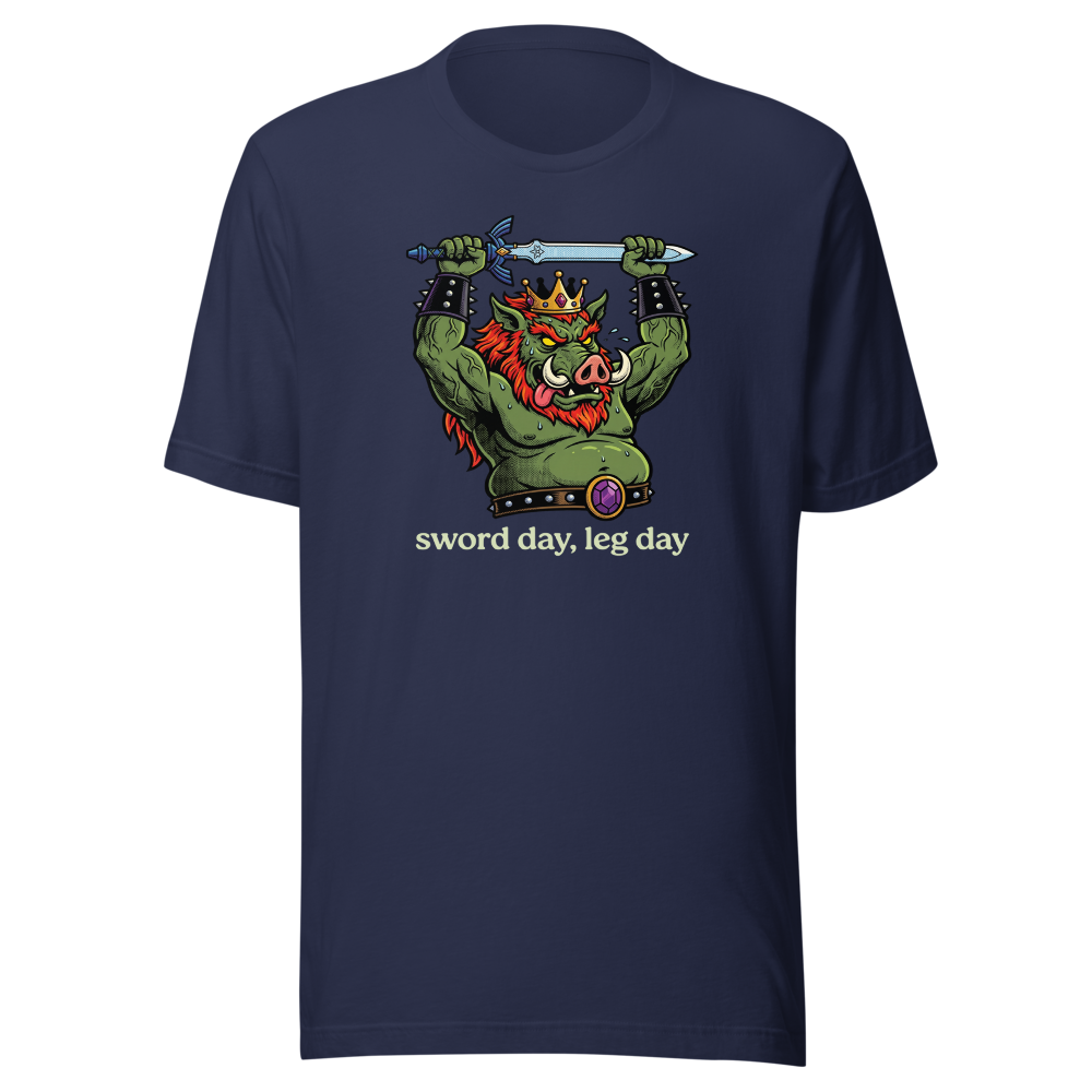 Sword Day Leg Day Boar King Boss Workout Tee — navy front view
