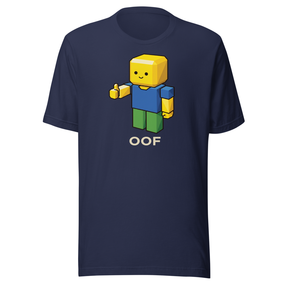 Low-Poly Blocky Noob Oof Sandbox Gamer Tee — navy front view