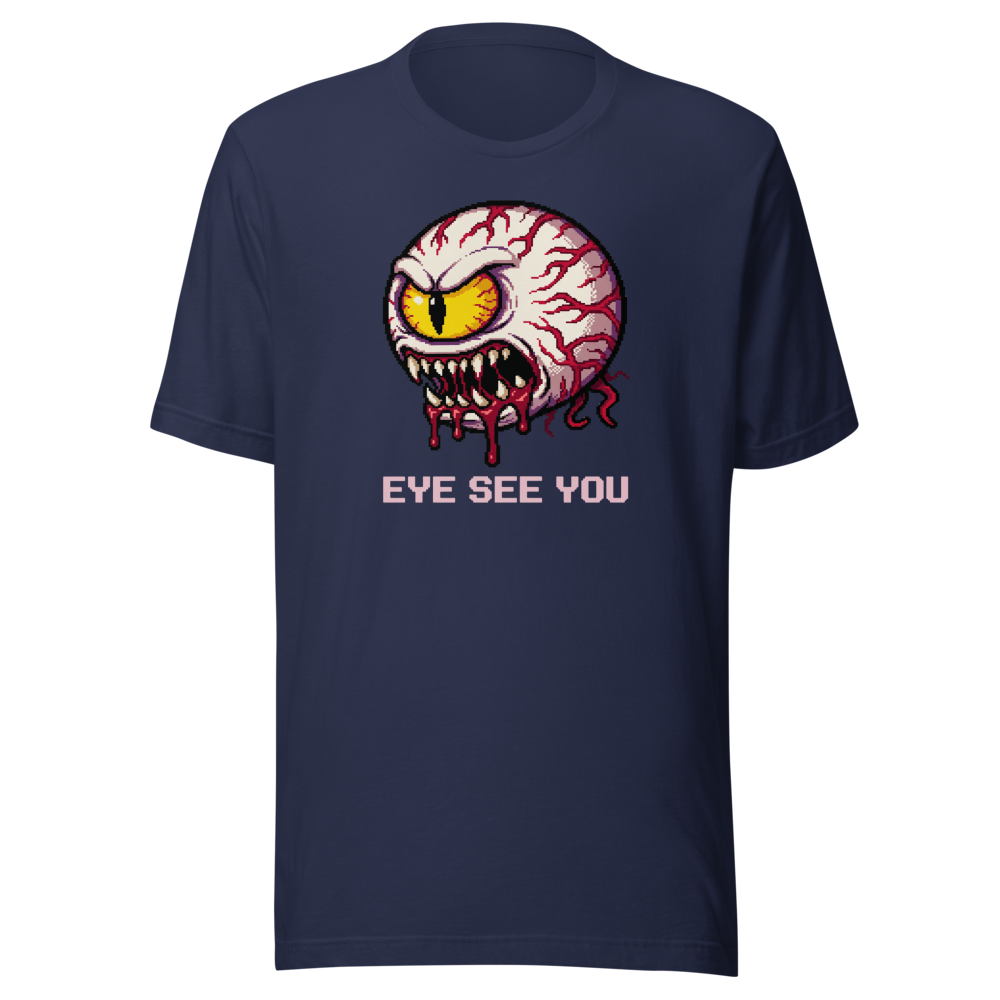 Eye See You Retro Pixel Boss Eyeball Gamer Tee — navy front view