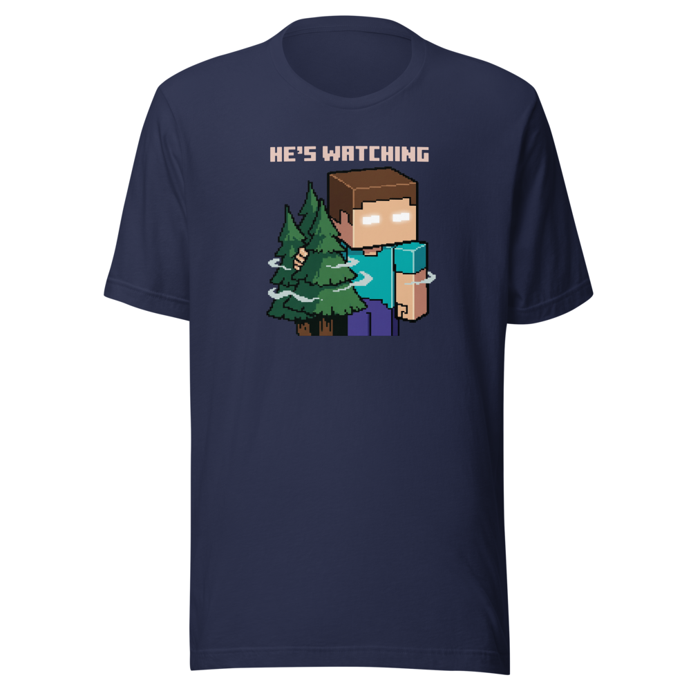 He's Watching Pixel Lurker Retro Sandbox Tee — navy front view