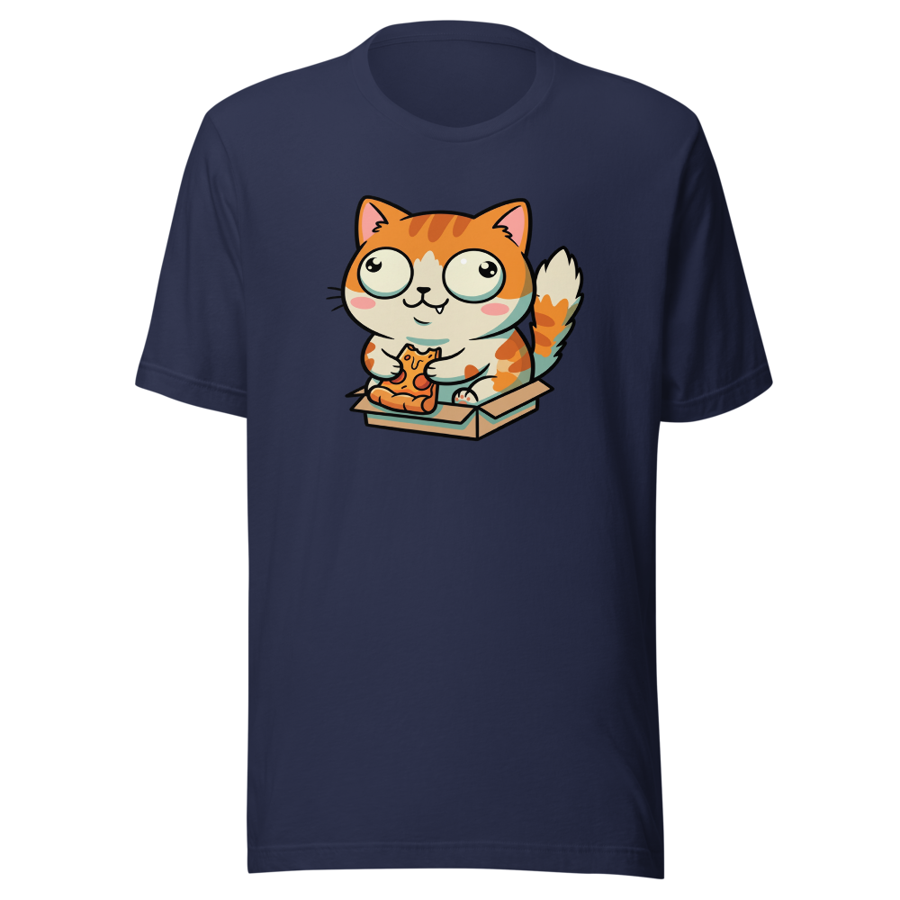 Chibi Pizza Cat Cardboard Box Zoomies Kawaii Tee — Premium Tee — navy front view