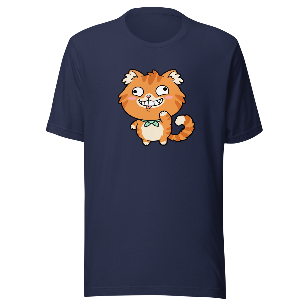 Derpy Orange Tabby Chibi Meme Cat Tee — Premium Tee — navy front view