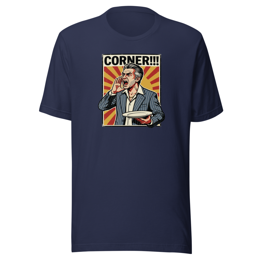 Corner Screaming Waiter Propaganda Fine Dining Tee — Premium Tee — navy front view