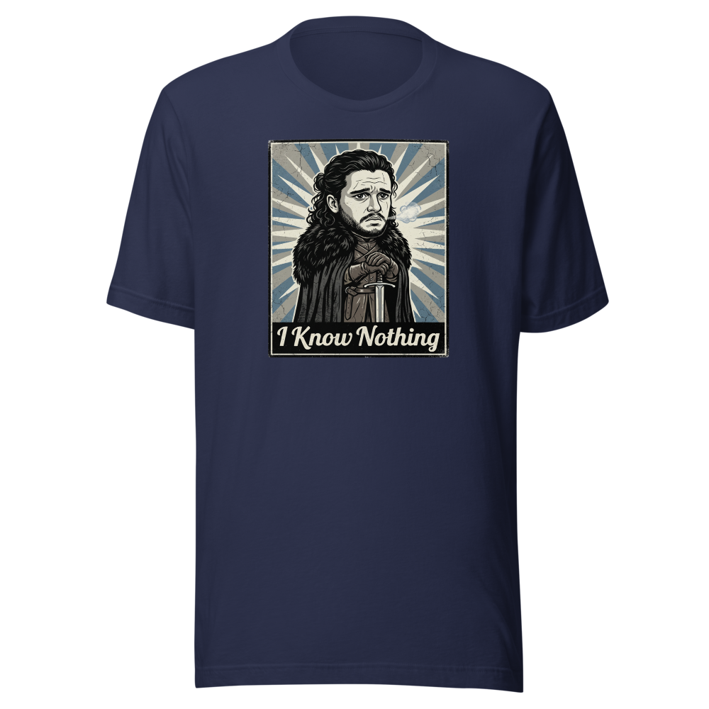 I Know Nothing Brooding Northern Hero Propaganda Tee — Premium Tee — navy front view