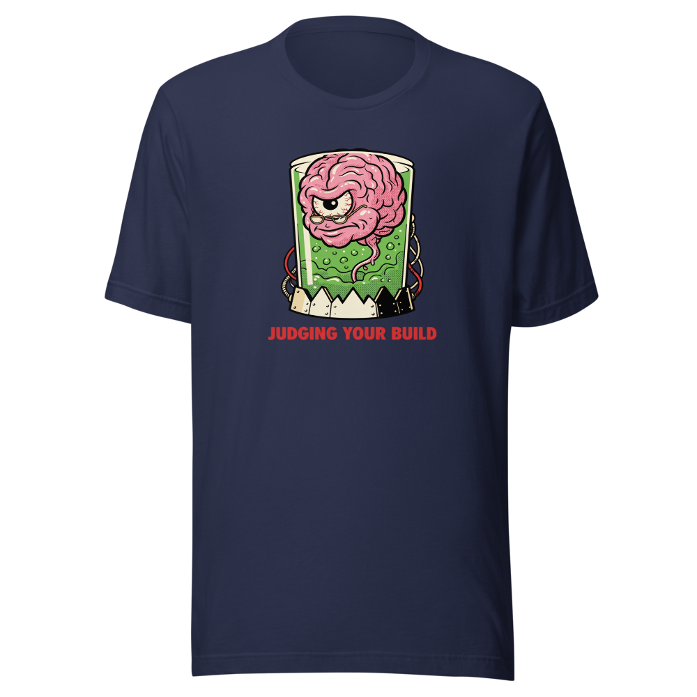 Judging Your Build Brain in a Jar Boss Tee — Premium Tee — navy front view