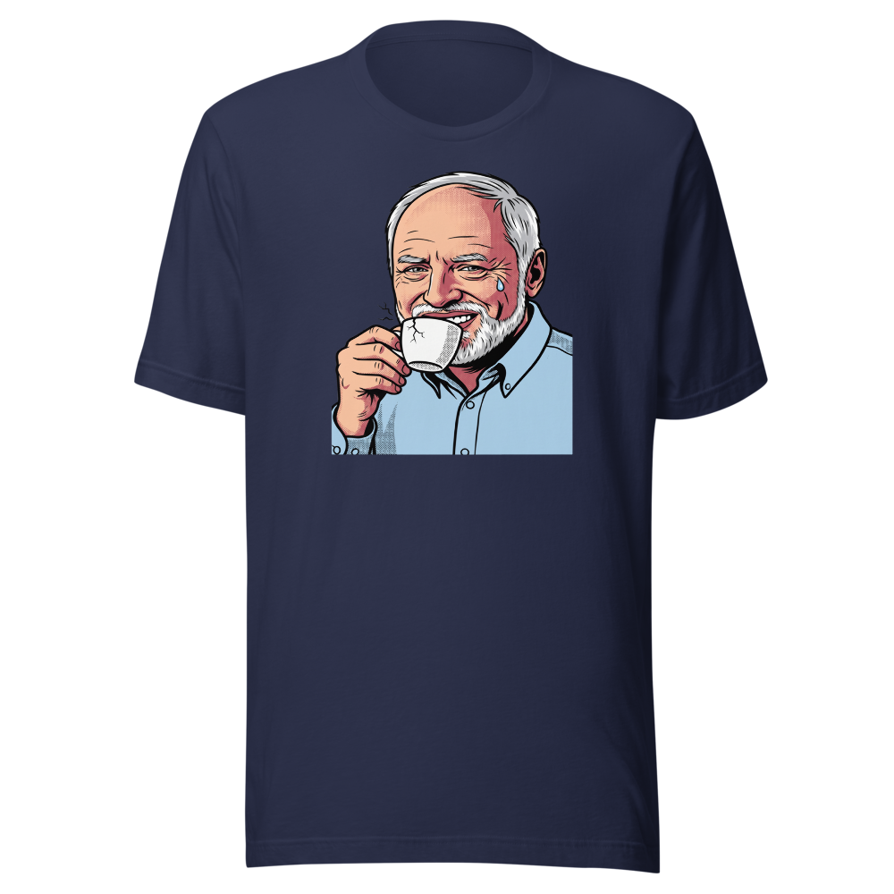 Fake Smile Coffee Guy Halftone Pop Art Meme Tee — navy front view