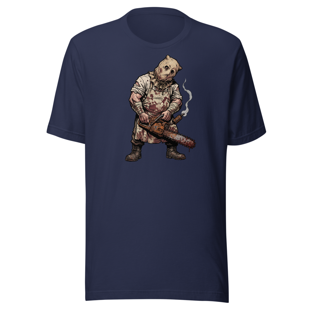 Sack Mask Chainsaw Executioner Horror Tee — navy front view