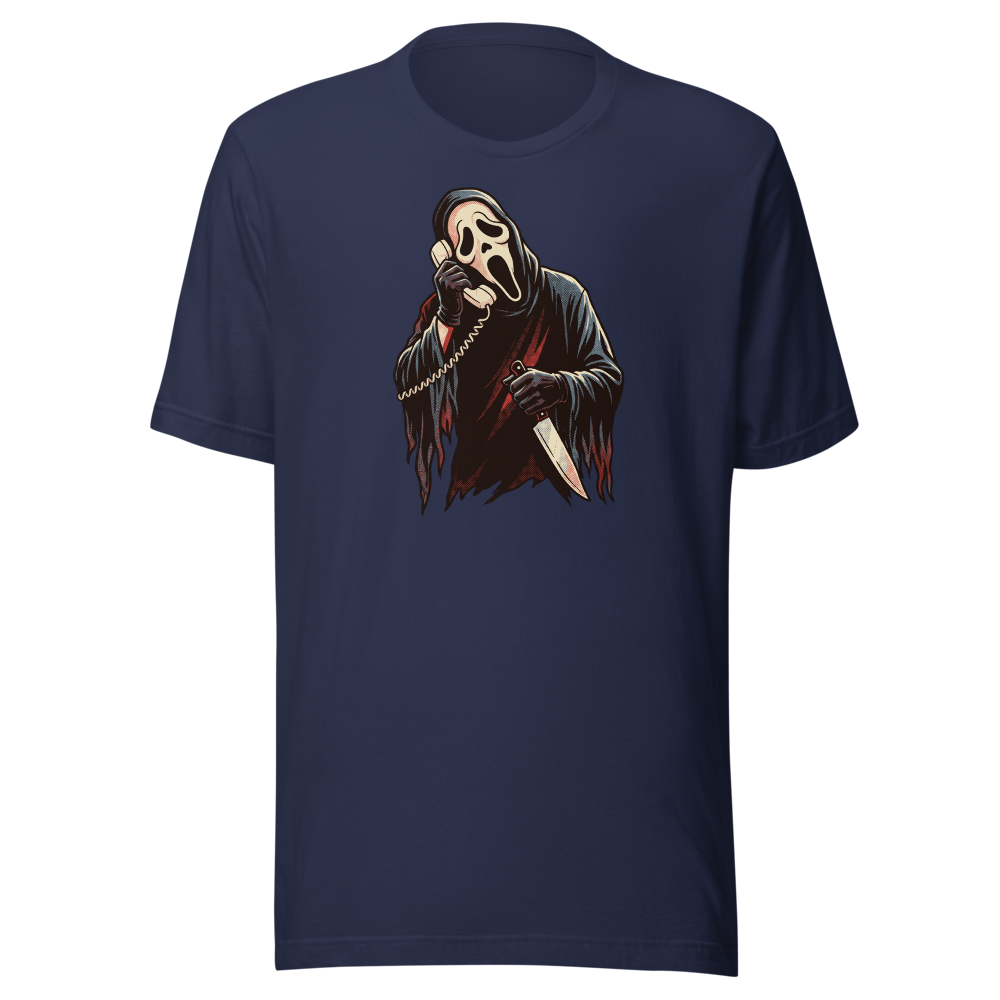 Masked Phone Caller On Hold Halftone Horror Tee — navy front view