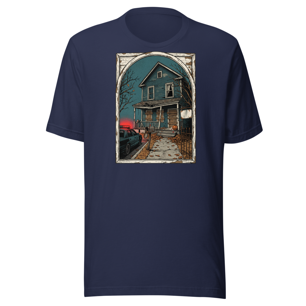 Haunted House Halloween Night Screen Print Horror Tee — Premium Tee — navy front view