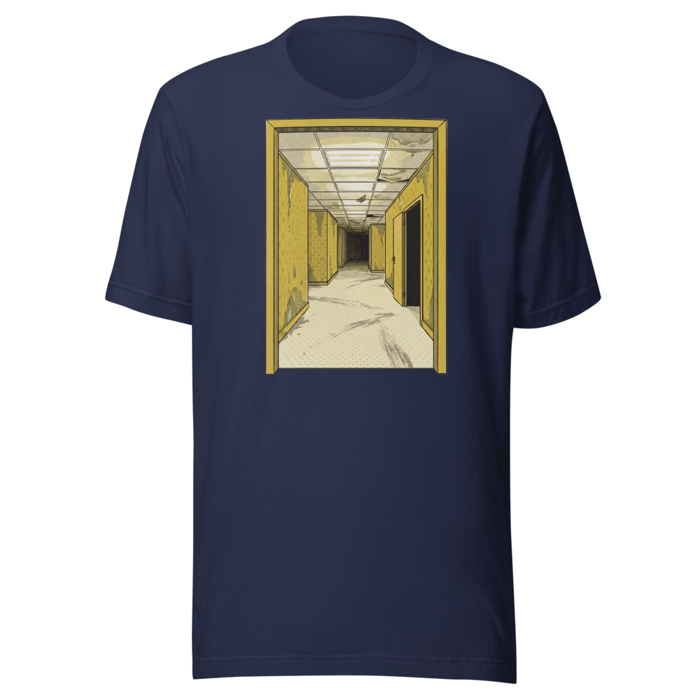 Yellow Liminal Hallway Endless Corridor Riso Tee — Premium Tee — navy front view