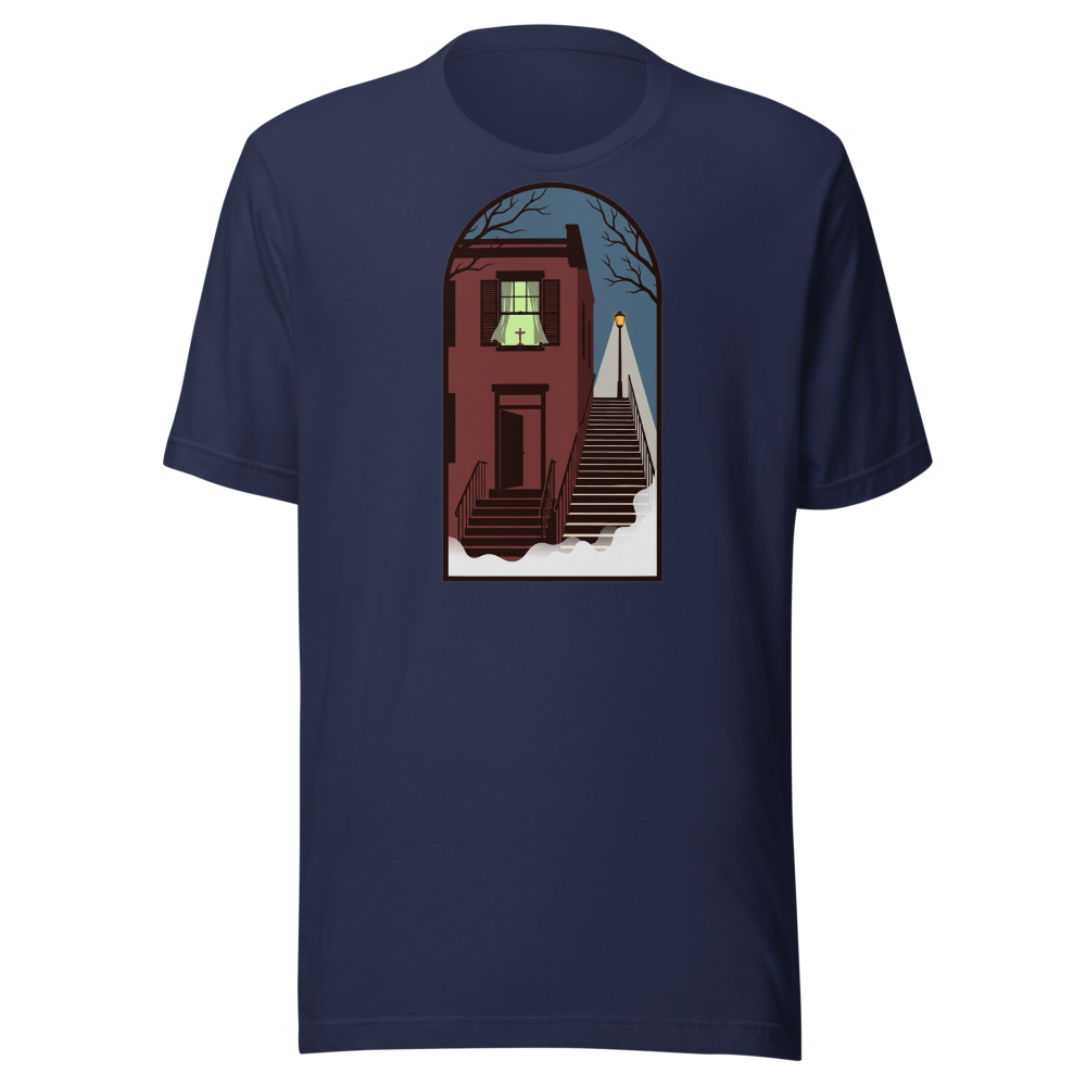 Haunted Row House Stone Stairs Horror Night Tee — Premium Tee — navy front view