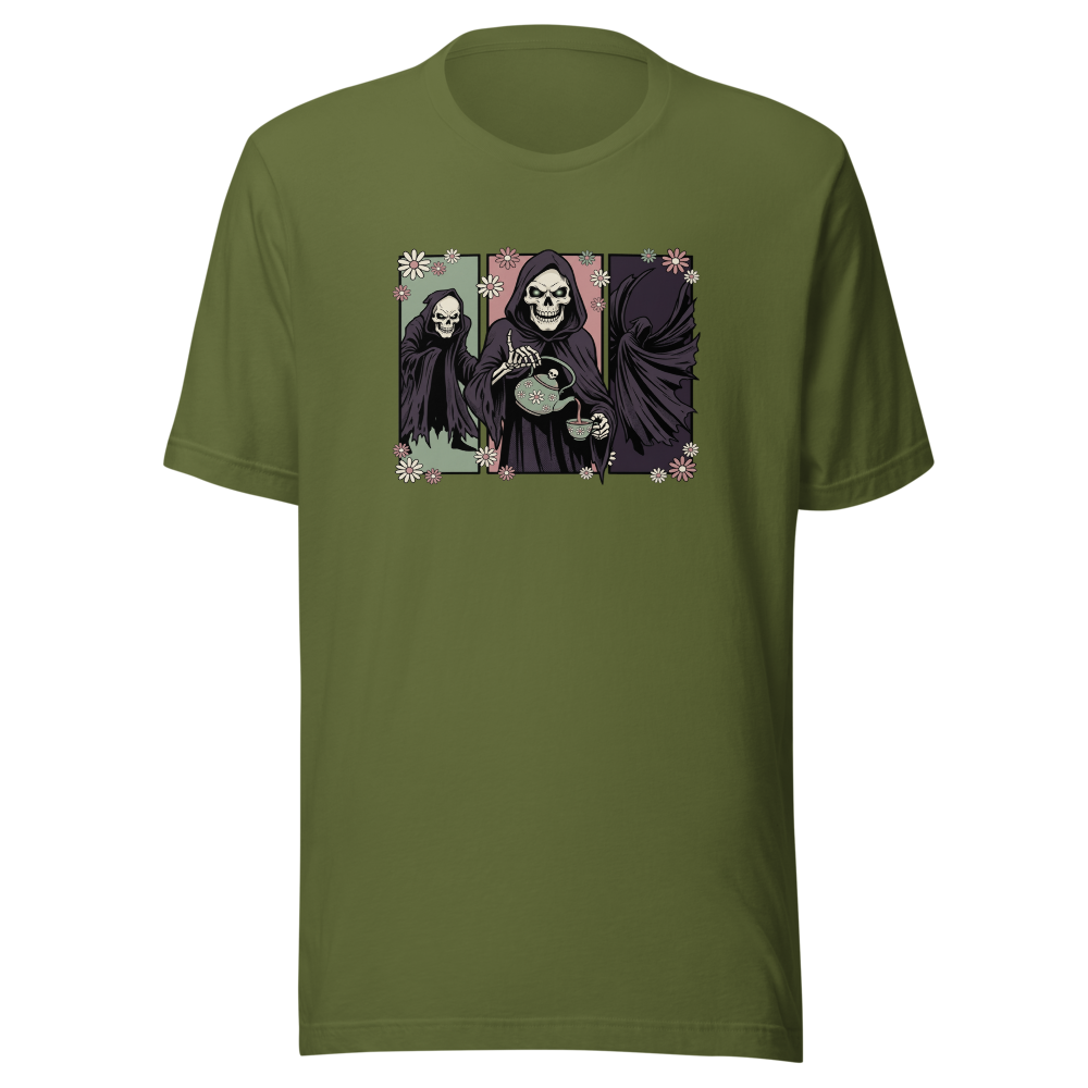 Skull Sorcerer Tea Time Comic Triptych Tee — olive front view