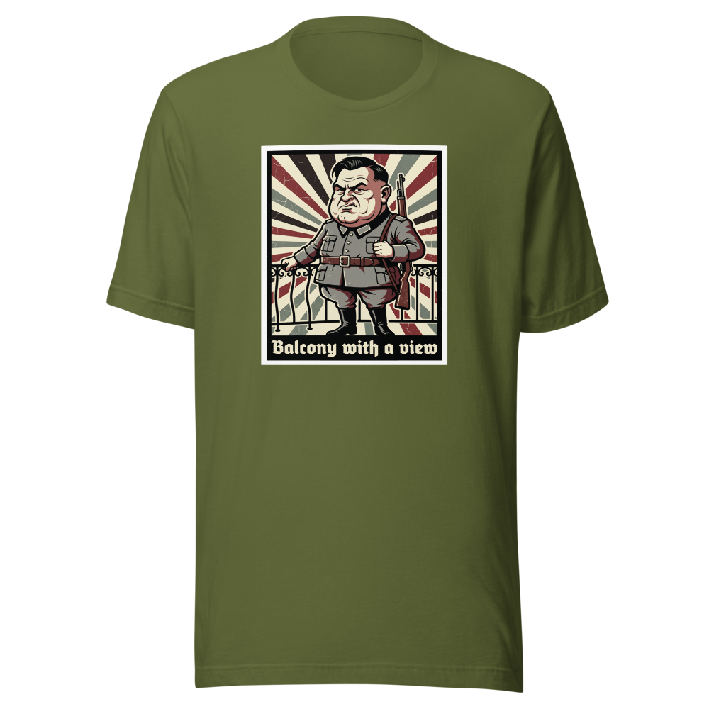 Balcony With A View Propaganda Villain Parody Tee — Men's Premium Tee — olive front view