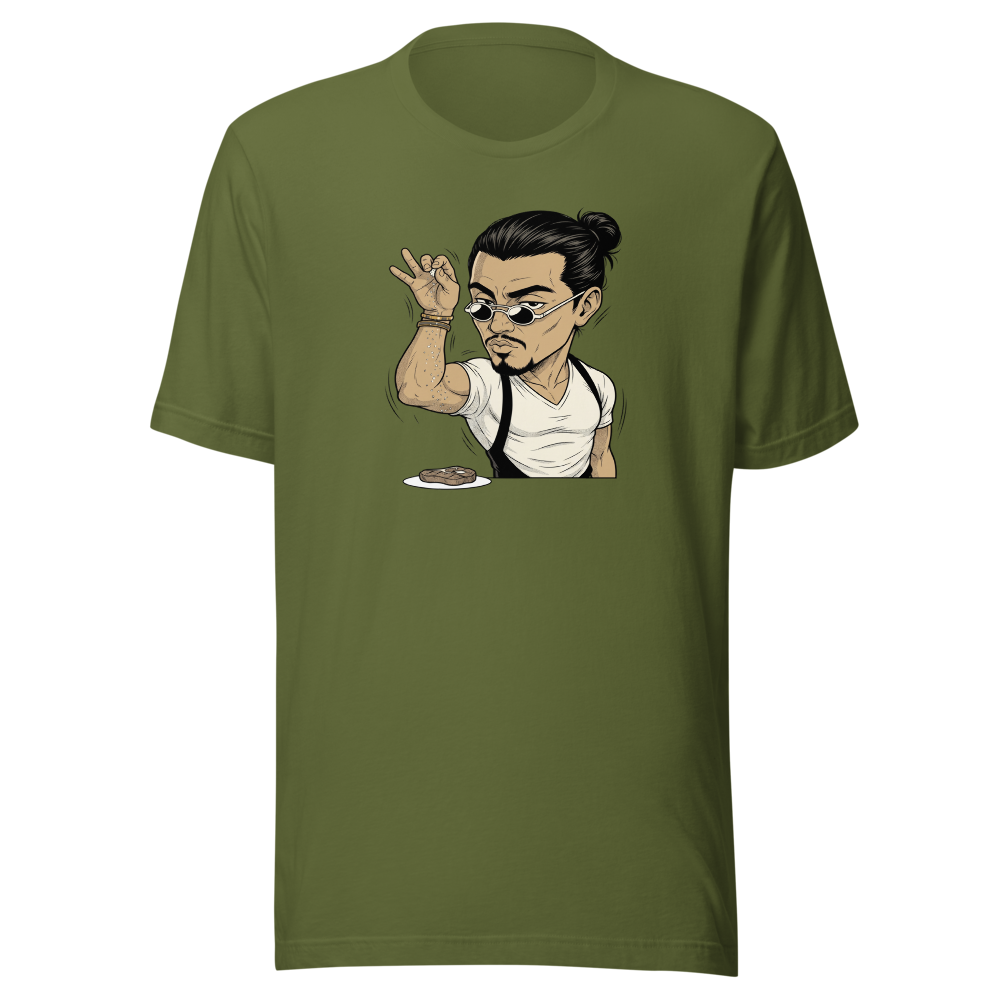 Smug Chef Salt Sprinkle Manga Line Art Meme Tee — olive front view