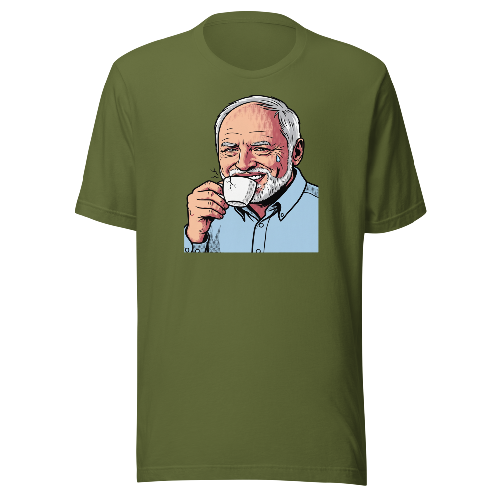 Fake Smile Coffee Guy Halftone Pop Art Meme Tee — olive front view