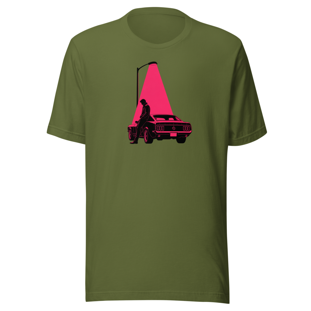 Neon Noir Midnight Driver Muscle Car Silhouette Tee â€” Olive front view