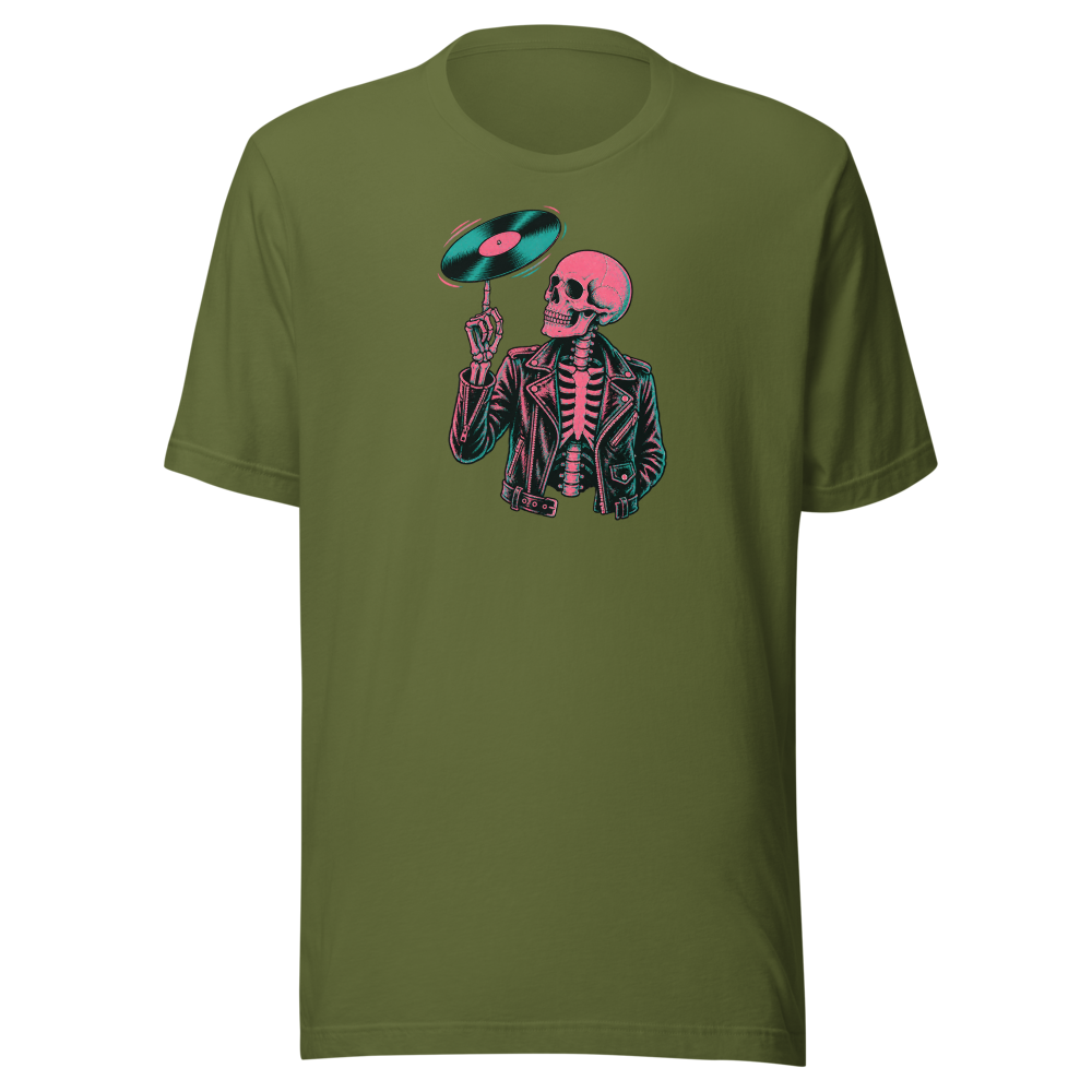 Riso Skeleton Vinyl Spin Gig Poster Punk Rock Tee — olive front view