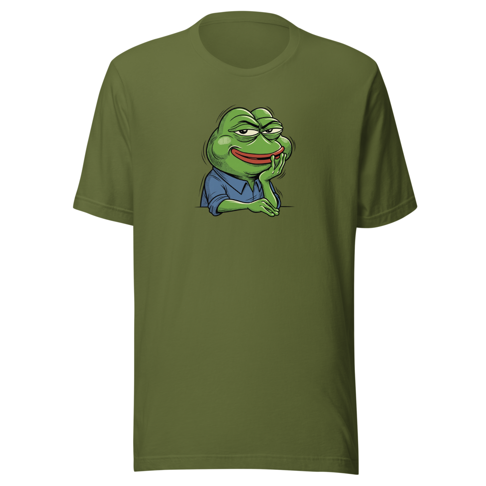 Smug Manga Frog Chin Rest Meme Graphic T-Shirt — olive front view