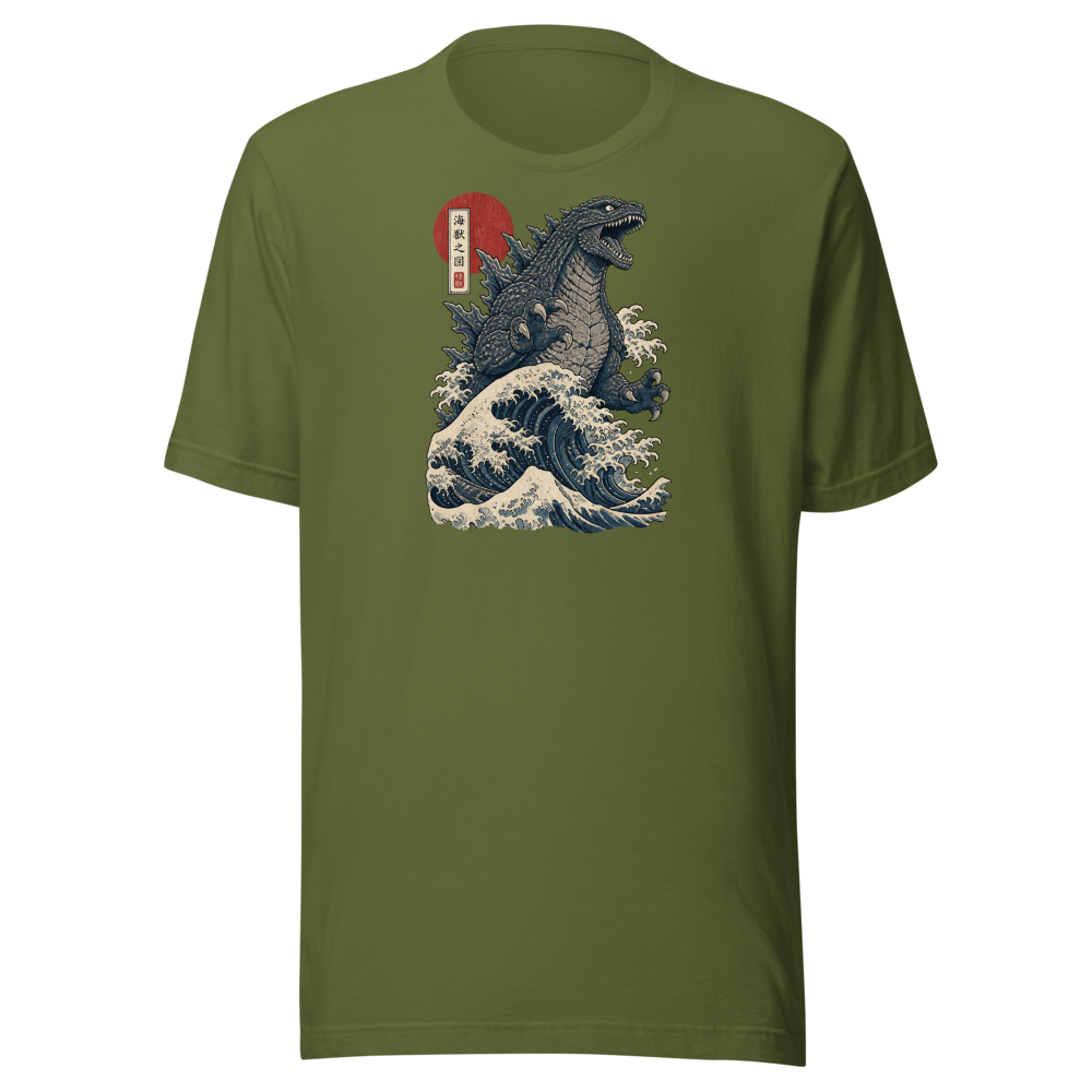 Sea Monster Great Wave Woodblock Print Tee — olive front view