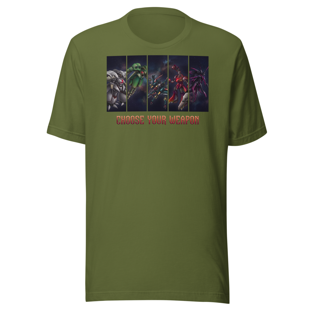 Choose Your Weapon Retro RPG Boss Roster Tee — olive front view