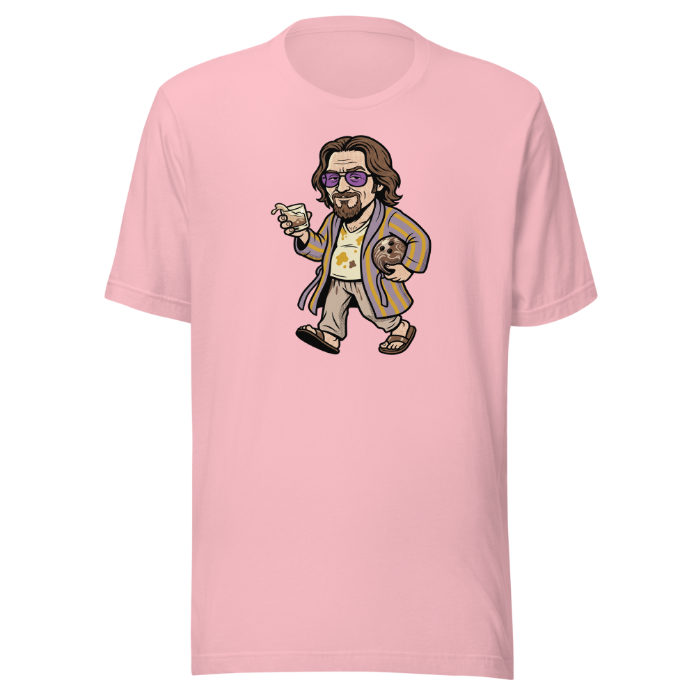 Slacker Bowling Bathrobe White Russian Pop Art Tee — Men's Premium Tee — pink front view