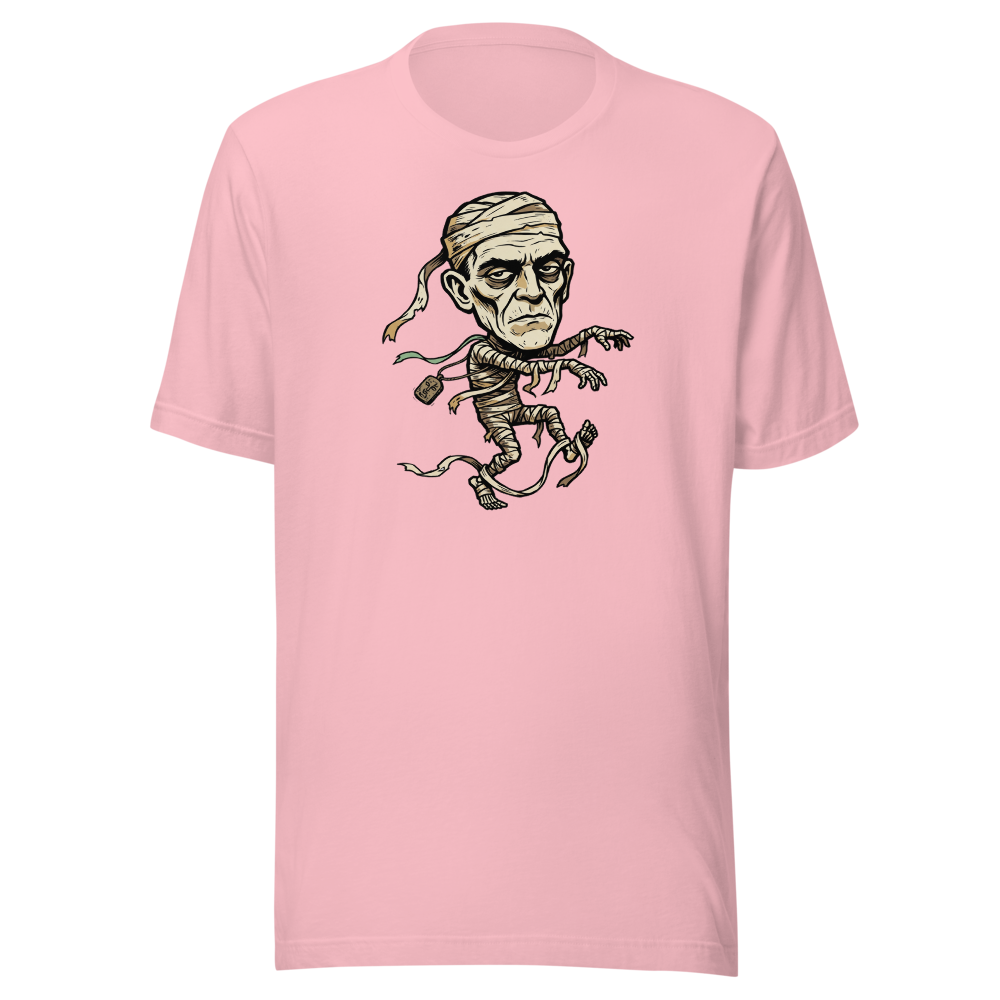 Tripping Mummy Woodcut Vintage Horror Tee — pink front view