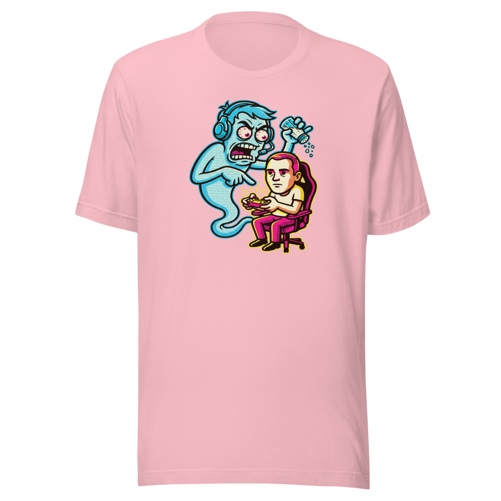 Salty Ghost Backseat Gamer Halftone Pop Art Tee — pink front view
