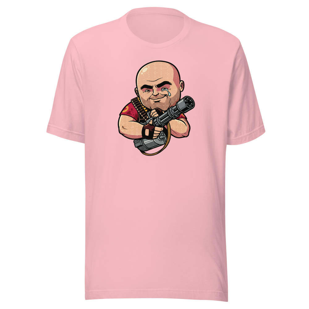 Big Russian Gunner Minigun Hug Pop Art Tee — pink front view